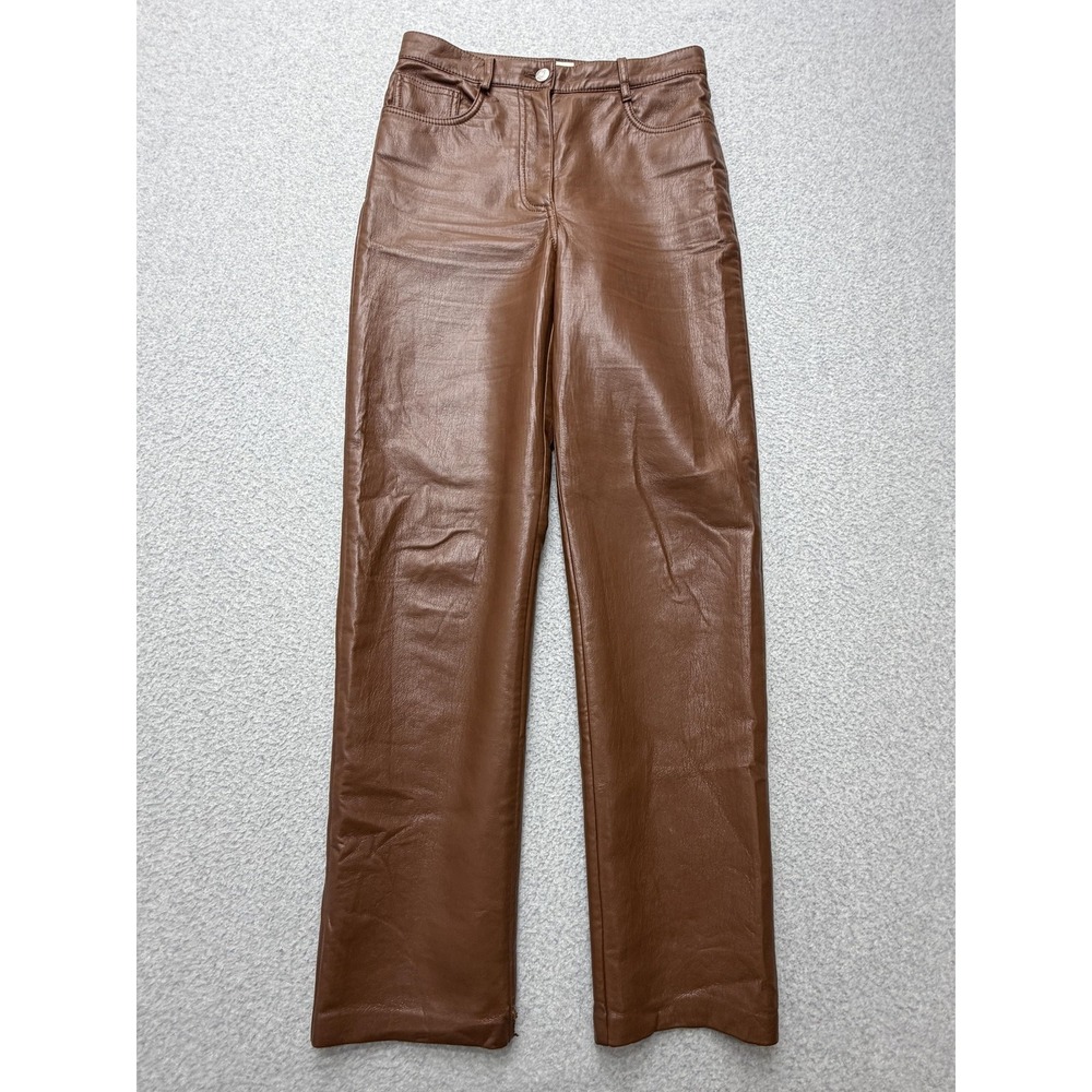 Wilfred Pants Womens 4 Brown Faux Leather Straight Leg High Rise Zip Pockets